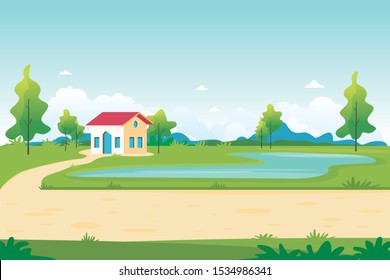 Spring Landscape with house alone and adorable beautiful scenery nature design