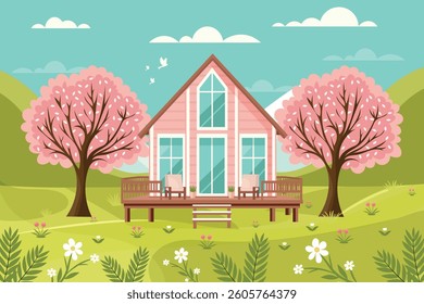 spring landscape with house and blossoming trees vector illustration.