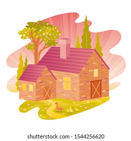 Spring landscape. House feom four seasons seria. Cartoon rural home in vintage style. Retro country building with trees, weather elements. Spring morning vector illustration isolated white background
