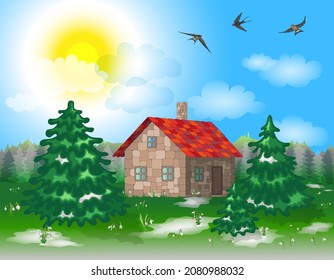 Spring landscape with a house on the lawn with snowdrops and fir trees under a blue sky with clouds and swallows