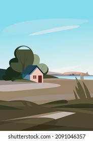 Spring landscape with house on the river bank. Natural scenery in portrait format.