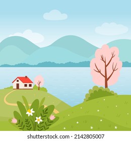 Paisaje primaveral con casa, río, flores y árboles.