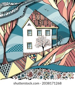 Paisaje primaveral con casa, árboles y flores. Ilustración vectorial. 