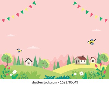 Spring landscape with houses, fields and nature. Decorative garlands. Cute vector illustration in flat style