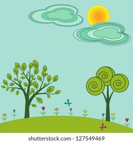 Spring landscape illustration cartoon style
