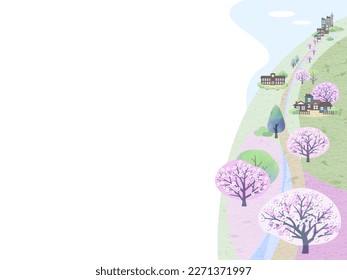 Spring landscape illustration with cherry blossoms