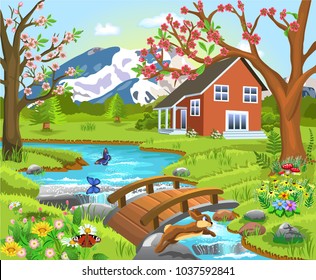 spring landscape illustration in a natural background