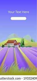 Spring landscape with lavender fields. Vector illustration on the theme of southern France. Vertical banner template.