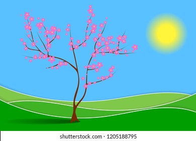 Spring landscape with meadow and the blossoming tree. Vector illustration EPS10