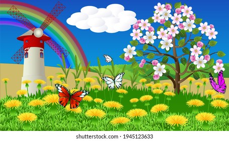 Paisaje primaveral con pradera, molino, campo de trigo y manzano floreciente. Ilustración vectorial. Borde horizontal floral