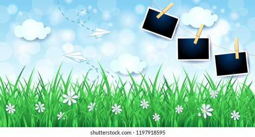 Spring landscape with meadow and photo frames. Vector illustration eps10