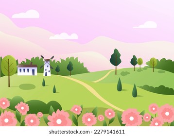 Spring landscape in the morning. Flower fields, a house and a mill. Vector drawing in a flat style with gradients. Illustrations for banners, backgrounds, advertising, web pages and websites, 