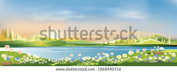 Spring landscape morning in village with green meadow on hills,orang and blue sky, Vector cartoon Summer or Spring panorama view by the lake,Countryside with river,green field,wild flowers and sunset