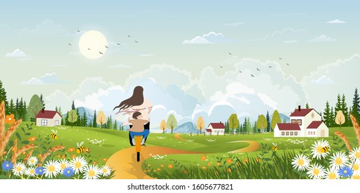 Spring landscape with mother and son riding bicycle in green field on sunny day,Panorama with family outing in countryside in summer with blue sky and clouds. Cartoon vector for spring or summer 