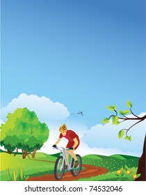 Spring landscape with a mountain biker.  Please see also summer, winter and autumn versions.