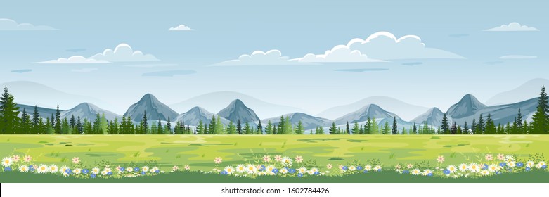 Spring landscape with mountain, blue sky and clouds,Panorama Green fields, fresh and peaceful rural nature in springtime with green grass land. Cartoon vector illustration for spring and summer banner