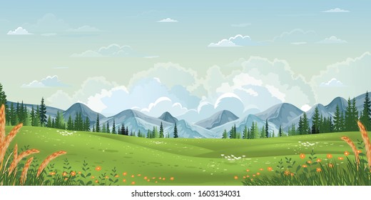Spring landscape with mountain, blue sky and clouds,Panorama Green fields, fresh and peaceful rural nature in springtime with green grass land. Cartoon vector illustration for spring and summer banner