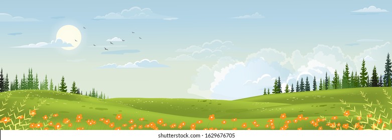 Spring landscape with mountain, blue sky and clouds,Panorama Green fields, fresh and peaceful rural nature in springtime with green grass land. Cartoon vector illustration for spring and summer banner