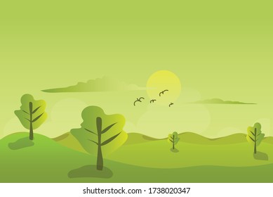 Spring landscape mountain with sun sky background vector,green pattern concept,nature field,can use for template,banner,ecology and saving environment,vector art and illustration. 