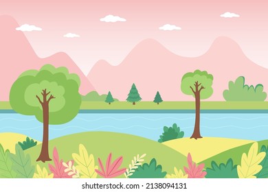 Spring landscape of mountainous terrain, trees and birds. Cute vector illustration in flat style
