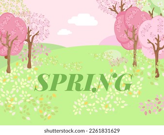 Spring landscape mountains and cherry trees fallen with pink flowers. Spring background.