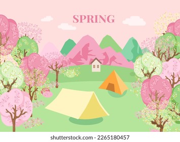 Spring landscape mountains and cherry trees fallen with pink flowers. Spring background.