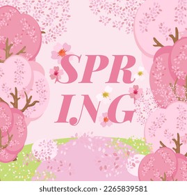 Spring landscape mountains and cherry trees fallen with pink flowers. Spring background.