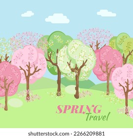 Spring landscape mountains and cherry trees fallen with pink flowers. Spring background.