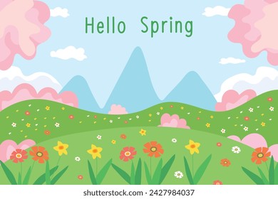 Spring landscape with mountains, flowers and meadow. Vector.