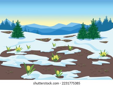 Spring landscape with mountains, forest, glades, melting snow and yellow crocuses. Beautiful spring background illustration. Vector