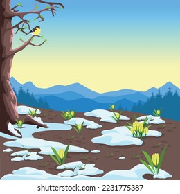 Spring landscape with mountains, forest, glades, melting snow and yellow crocuses. Beautiful spring background illustration. Vector