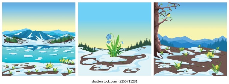 Spring landscape with mountains, forest, glades, melting snow and yellow crocuses. The beauty of spring nature. Vector set of beautiful spring background illustration.