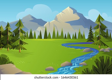 Paisaje primaveral con montañas, bosques, hierba, pequeños ríos y pinos. Fondo de montaña vectorial en verano o primavera. El concepto de actividades al aire libre Fondo horizontal del sitio web.