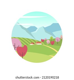 Spring landscape, mountains, trees, forest, houses and a village. Drawing of a European village and a village for a poster, background or postcard. View of Small Country House in Circle Shape. Cartoon