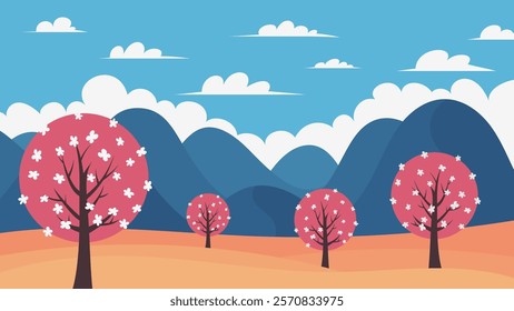 Spring landscape with mountains and trees. Vector illustration. Seasonal background