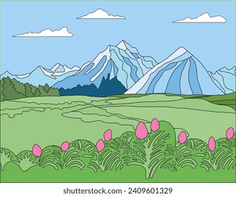 Frühjahrslandschaft mit Bergen, Vektorgrafik mit Umriss