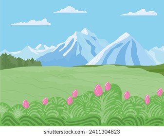 spring landscape with mountains vector colorful  