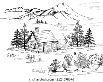 Spring landscape in the mountains in Zakopane in the Podhale region, spring in the mountains. A wooden hut, crocuses, saffron and snowdrops. Sketch, drawing, scribble, vector.