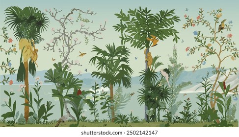 Mural de paisaje de primavera, fondo de acuarela. Aves, plantas tropicales, animales.