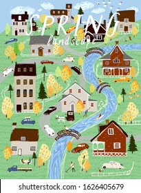 Spring landscape and nature. Vector cute panorama illustration of a village, houses, trees, cars and people. Drawing for background, card or poster.
 
