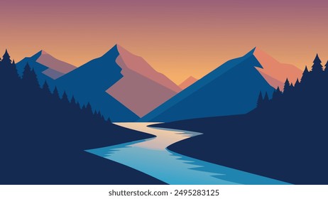 
Frühlingslandschaft am Fluss in der Nähe der Berge. Sonnenaufgang flache Vektorillustration Natur des Hintergrunds.