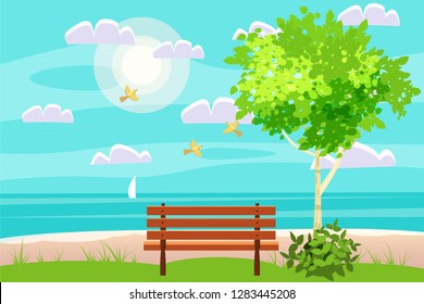 Spring landscape on seaside. ocean. Bench in outdoor. Birds singing. Blue sky. Bright juicy colors. Vector, illustration, isolated. Cartoon style