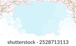Spring Landscape with pink cherry blossom on branches,Blue Sky,Cloud Background,Horizon peaceful rural nature Summer Sky  with flower blooming.Cartoon Vector for Easter Shopping banner