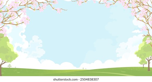 Spring Landscape with pink cherry blossom on branches, green field,Blue Sky,Cloud Background,Horizon peaceful rural nature Summer Sky with  flower blooming.Cartoon Vector for Easter Shopping banner