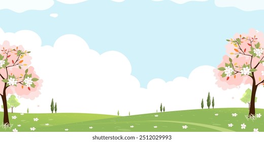 Spring Landscape with pink cherry blossom on branches,green field,Blue Sky,Cloud Background,Horizon peaceful rural nature Summer Sky  with flower blooming.Cartoon Vector for Easter Shopping banner