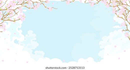 Spring Landscape with pink cherry blossom on branches,Blue Sky,Cloud Background,Horizon peaceful rural nature Summer Sky  with flower blooming.Cartoon Vector for Easter Shopping banner