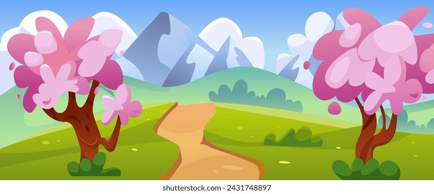 Spring Landscape with Pink Flowering Trees, Mountain Valley and Path. Vector Cartoon Illustration of Green Field with Rocky Cliffs, White Clouds in Sunny Blue Sky. Panoramic Beautiful Scenery. 