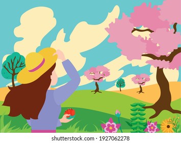 Spring landscape with pink tree girl and flowers design, Season natural floral ornament garden and decoration theme Vector illustration