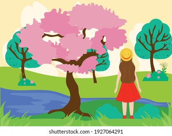 Spring landscape with pink tree girl and river design, Season natural floral ornament garden and decoration theme Vector illustration