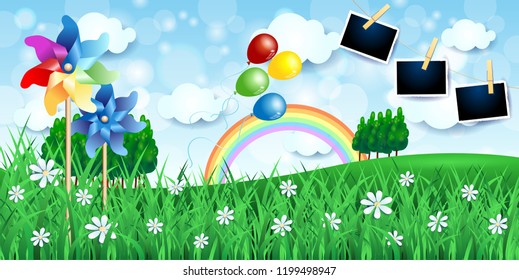 Spring landscape with pinwheels, balloons and photo frames. Vector illustration eps10